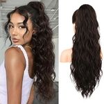 REECHO Ponytail Extension, 26" Long Beach Wave Drawstring Pony Hair Extension Synthetic Pony Tail Hairpiece for Women - Black Brown