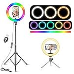 10" Ring Light with Tripod Stand & Phone Holder, 15 RGB Modes & 10 Brightness Level Floor/Desk Selfie Ring Light with Remote Shutter for Makeup Video Youtube Tiktok Live Streaming Zoom Meeting