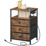 HOOBRO Bedside Table with Charging Station, Narrow Side Table with 3 Non-Woven Fabric Drawers, End Table with Open Storage, Nightstand for Small Spaces, Rustic Brown and Black BF403UBZ01