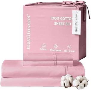 Mayil Manor 100% Natural Cotton Bed Sheets | 500 TC Single-Ply Sateen Weave Full Size Sheets | Soft, Breathable, Hypoallergenic Solid 4-Piece Bedding with Deep Pocket Fitted, Flat, Pillowcase | Blush