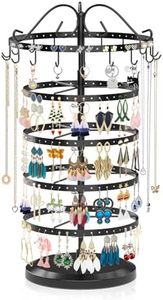 iDavosic.ly 5 Tier Earring Holder Organizer, Rotating Earring Holder Stand with 17 Hooks, Metal Adjustable Large Earring Tree Necklace Display Rack (Black)