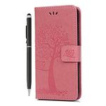 Motorola Moto E13 Case Flip Premium Wallet Phone Case Shockproof PU Leather Owl Tree Embossed Magnet Cover for Motorola Moto E13 with Kickstand Card Holder & 1 Touch Pen Pink