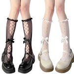 BendJoy 2 Pairs Lace Knee Length Socks For Women Girls, Bow Hollow Long Socks For Women Princess, Lolita Sweet Cute Stockings For Girls Loli, Summer Thin Long Ladies Calf Socks Set (Black & White)