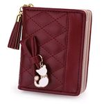 UTO Women PU Leather Small Wallet Cat Pendant Card Phone Holder Zipper Coin Purse Zoey Wine Red CA