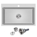 ROVATE 26 ×18 inches Drop-in Kitchen Sink Single Bowl, 304 Stainless Steel Kitchen Sink Handmade, 9 Inches Deep Top-Mount Kitchen Sink with 1 Hole