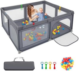 BABY JOY Baby Playpen, 185 x 155 x 69 cm Large Play Yard for Infants w/4 Pull Rings, 50 Ocean Balls & Carrying Bag, Portable Baby Activity Center w/Breathable Mesh, Zippered Doors & Rubber Suction Cups (Dark Grey)