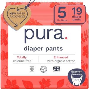 Pura Size 5 Diaper Pants - 1 x 19 Diapers (27-38lbs) Pull Up Disposable Baby Diapers for Sensitive Skin, Hypoallergenic, Fragrance Free, Totally Chlorine Free, Easy-Tear Sides