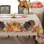 SASTYBALE Thanksgiving Tablecloth Rectangle, Fall Turkey Pumpkin Table Cloth Washable, Stain Resistant Polyester Autumn Table Cover for Harvest Farmhouse Parties Dinner Decor (Rectangle, 60" x 84")