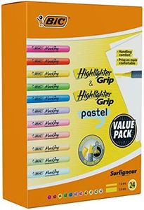 BIC Highlighter Grip Surligneurs Pointe Biseautée - Couleurs Fluo Assorties Intenses et Pastel, Boîte de 24