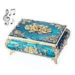 SUMNACON Metal Music Box Musical Jewelry Box Keepsake Box Case, Vintage Music Box Organizer Rose Embossed Musical Box for Christmas, Birthday, Valentines Day (Tune:You Are My Sunshine, Blue Gold)