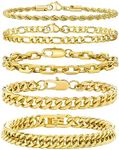 5PCS Gold Bracelet for Women Trendy, 18k Real Gold Plated Gold Jewelry Simple Chunky Stackable Stainless Steel Rope/Figaro/Paperclip/Cuban Chain Link Bracelets Set for Teen Girls Gifts for Her Friends