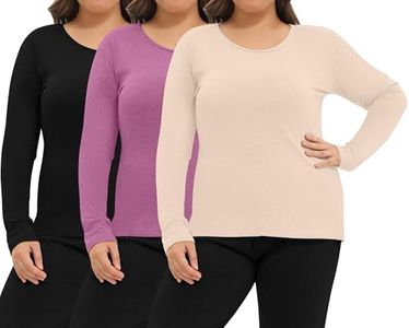 Patelai 3 Pcs Plus Size Thermal Shirts for Women Long Sleeve Fleece Lined Underwear Top Women Crew Neck Base Layer Underwear (Black, Nude, Light Purple,18 Plus), Black, Nude, Light Purple