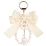 AOKWAWALIY Bow Keychain Large Bow Pendant Keychain Bowknot Pearl Key Ring Ribbon Bow Keyring Beaded Charm Keychain(Beige)