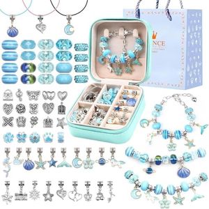 Girls Bracelet Making Kit,A Perfect Birthday Gifts for girls age 6 7 8 9 10,Jewelry Making Kit with Jewelry Box,Fun and Easy to Make,Cute Sparkling that Inspires Creativity and Self-Expression (Blue with Jewelry Storage Box)