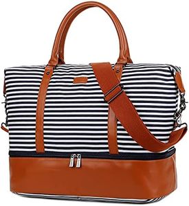 Baosha HB-28 Ladies Women Canvas Travel Weekender Bag Overnight Carry-on Duffel Tote Bag (Blue Strips with Shoe Compartment), Blue, 16 x 12 x 8 inch, Modern/Fitted