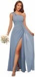 Loyeloy Women's One Shoulder Bridesmaid Dresses with Slit 2024 Chiffon Pleats Bridesmaid Dress for Women Long Formal Evening Gowns Dusty Blue 10