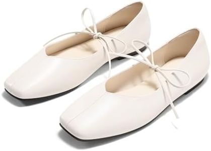 Coutgo Womens Mary Jane Flats Lace Up Square Toe Ballet Ballerina Flats Slip On Comfortable Dressy Shoes, Cream White Pu, Size 6.5
