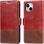 KEZiHOME Case for iPhone 15 Plus, Genuine Leather Wallet Case [RFID Blocking] [Card Slots ] [Kickstand] Shockproof Flip Cover Magnetic Case Compatible with iPhone 15 Plus 5G 2023 (Red/Brown)