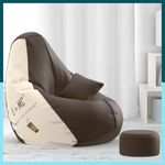 ComfyBean 4XL Bean Bag Chair with Beans Filled - Bean Bag Sofa with Footrest - e=mc2 Brown Cream Printed Bean Bags for Living Room, Bedroom - Free Cushion & Footrest - BeanCanvas Combo - Faux Leather