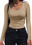 Zeagoo Women's Long Sleeve T Shirts Scoop Neck Ribbed Knit Fitted Shirt Casual Slim Basic Top Blouses Khaki