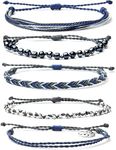 Mezcla Vida Bohemian Starfish Charm Silver Zinc Beaded Waterproof Rope Surfing Bracelets Sets For Women Teen Girls, Beach Handmade String Jewelry (GREY-BLUE, Zinc Alloy)