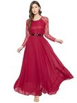 HELLO DESIGN Women Solid Round Neck Full Sleeve Net Yoke Rexine Belted A-line Maxi Dress (XX-Large, Maroon)