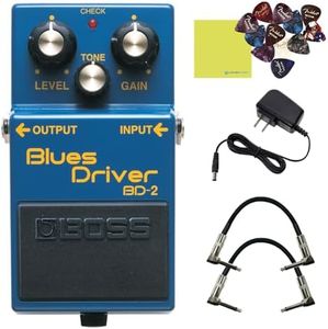 Boss BD2 Blues Driver Pedal Bundle with 2x Strukture S6P48 Woven Right Angle Patch Cables, 12x Fender Guitar Picks, 9V Power Adapter and Liquid Audio Instrument Polishing Cloth