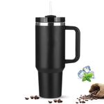 KISUOMAOYI 30 Oz Travel Tumbler with Straw Lid and Handle, Reusable Stainless Steel Water Bottle, Travel Insulated Cup, Leak Proof Vacuum Insulated Water Bottle, Travel Mug for Hot&Cold Drink-Black