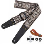 Guitar Strap, Vintage Embroidered Cotton Guitar Straps with Genuine Leather Ends for Bass, Electric & Acoustic Guitars, Come with Free Strap Button, 1 Pair Strap Locks and 4 Guitar Picks