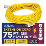 75ft Power Outdoor Extension Cord & Indoor - Waterproof Electric Drop Cord Cable - 3 Prong SJTW, 16 Gauge, 10 AMP, 125 Volts, 1250 Watts, 16/3 ETL Listed by LifeSupplyUSA - Yellow (1 Pack)