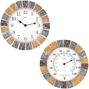 Lily's Home Indoor or Outdoor Large Hanging Wall Clock and Thermometer Set. Made of Durable Polyresin Plastic. 10" Inch Diameter. (Stone)