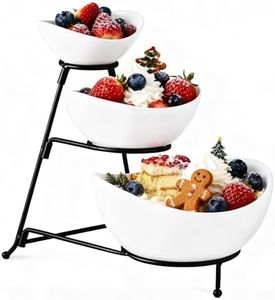 Gomakren 3 Tiered Oval Serving Bowl With Collapsible Metal Rack, Thanksgiving Bowls Dishes, Dessert Appetizer, Candy Chip Dip, Fruit, Vegetable Bowl Set, White Serving Dishes For Entertaining (Black)