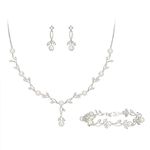 EVER FAITH Bridal Jewelry Set for Bride, White Gold Plated Cubic Zirconia Simulated Pearl Leaf Filigree Prom Party Necklace Earrings Bracelet Sets for Women fit Wedding Dress