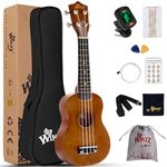 Winzz Soprano Ukulele Starter Kit For Beginners with Bag, Clip-On Tuner, Extra Strings, Strap, Plectrum, Fret Stickers, Chords Card, Polishing Cloth, Brown