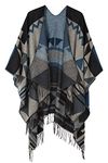 Urban GoCo Women's Printed Tassel Open front Poncho Cape Cardigan Wrap Shawl (#2 Black)(Size: One Size)