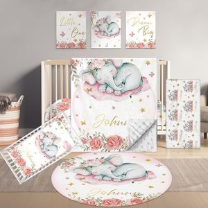 Terwex Personalized Baby Crib Bedding Set, 5 Pcs Custom Name Bedding Crib Sets for Girls Boys - Nursery Bedding Sets for Crib, Soft Toddler Crib Sets for Infant Customized Gifts, Pink Elephant