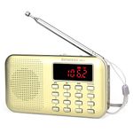 Retekess PR11 Portable Radio Rechargeable, Small FM AM Radio, with Emergency Flashlight, Support Automatic Storage, USB/TF/AUX/MP3, for Bathroom, Kitchen, (Gold)