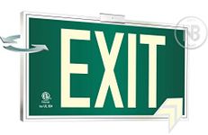 Photoluminescent Exit Sign Green Framed Flag/Ceiling Mount Double Sided. UL 924 Code Approved.