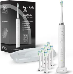 Aquasonic Elite Ultra-Whitening Toothbrush – ADA Accepted Power Toothbrush - 8 Proflex Brush Heads & Travel Case – 50,000 VPM Motor & Wireless Charging - 5 Modes w Smart Timer