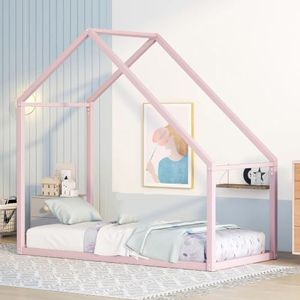 KIMORE Kids Metal House Bed Anti-Slip Noise Free Twin Size Roof Design Toddler Floor Bed Metal Bed Frame for Kids Boys Girls Teens Pink