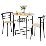 GiantexUK 3-Piece Dining Table Set, Metal Frame Kitchen Table Set with Storage Shelf, 2 Chairs, Compact Breakfast Bar Table Set for Home Kitchen Living Room Apartment Office (Natural + Black)