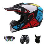 Motorcycle Helmet, Youth Kids Dirt Bike Helmets,Motocross Racing Bike Helmet Four Seasons Universal (Gloves, Goggles, Mask, 4 Piece Set) (Medium, whiteblue)