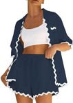 ARTFREE 2024 Fashion Trend Womens Pajama Sets Womens Loungewear Set Comfy Pj Sets for Woman Button Up Lace Cotton Pajama, Navy, X-Small