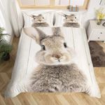 Brown Rabbit Duvet Cover Rustic Farmhouse Wooden Background Bedding Set King Cute Woodland Animal Comforter Cover For Kids Boys Girls,Wild Bunnies Quilt Cover With Zipper 3 Pcs