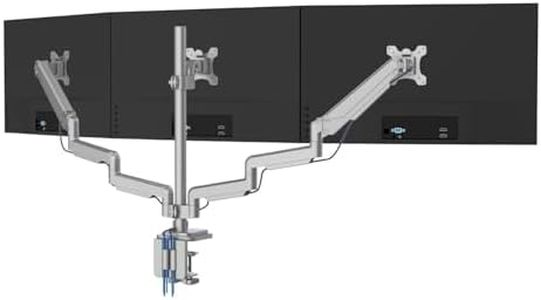 Mount-It! Triple Monitor Mount with Gas Spring Arms, Fits 24–32 Inch Screens, USB & Audio Ports, Full Motion Desk Stand with Tilt, Swivel & Rotation, Heavy Duty Silver 3 Screen Arm with Clamp