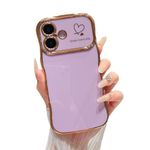 ZTOFERA for iPhone 16 Case 6.1 inch,Cute Curly Wave Frame Case with Love Heart Pattern,Luxury Plating Edge Full Camera Protection Shockproof Phone Case for Women Girls-Light Purple