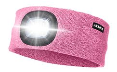 ATNKE LED Lighted Headband, USB Rechargeable Running Hat Ultra Bright 4 LED Waterproof Light Lamp Headlamp High Stretch Moisture Wicking Multi-Color/Pink