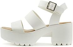 ABSOLEX BELLA ~ Women Fashion Open Toe Two Bands Lug sole Adjustable Ankle Strap Block Heel Sandals, White Pu, 8