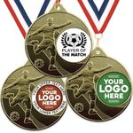 Trophy Monster Pack of 10x Metal 50mm Gold Embossed Football Player of the Match Medals & Ribbons Standard emblem or your logo FREE | Personalised | Bulk Pack Quantity Deals 50,100,250 or 500 |