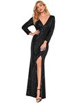 Ever-Pretty Women's Long Sleeve V Neck Floor Length Elegant Mermaid with Thigh High Slit Sequin Evening Gowns Black 20UK